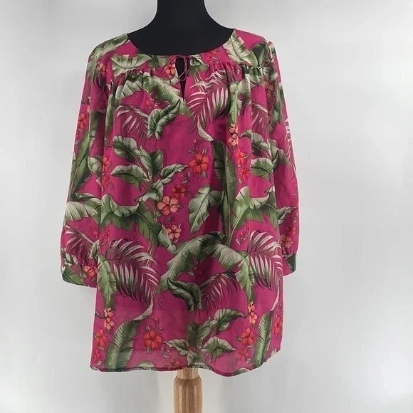Tommy Bahama silk blend Blouse Top Pink Green Tropical Floral Vacation sz lg - Picture 6 of 11